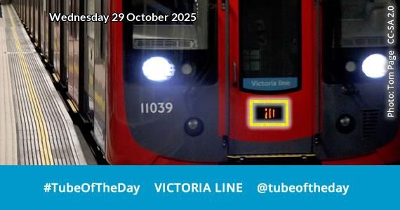 Photo of Victoria Line train overlaid with the date, plus the following text underneath the photo: #TubeOfTheDay VICTORIA LINE @tubeoftheday