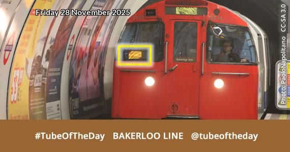Photo of Bakerloo Line train overlaid with the date, plus the following text underneath the photo: #TubeOfTheDay BAKERLOO LINE @tubeoftheday