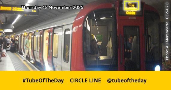 Photo of Circle Line train overlaid with the date, plus the following text underneath the photo: #TubeOfTheDay CIRCLE LINE @tubeoftheday