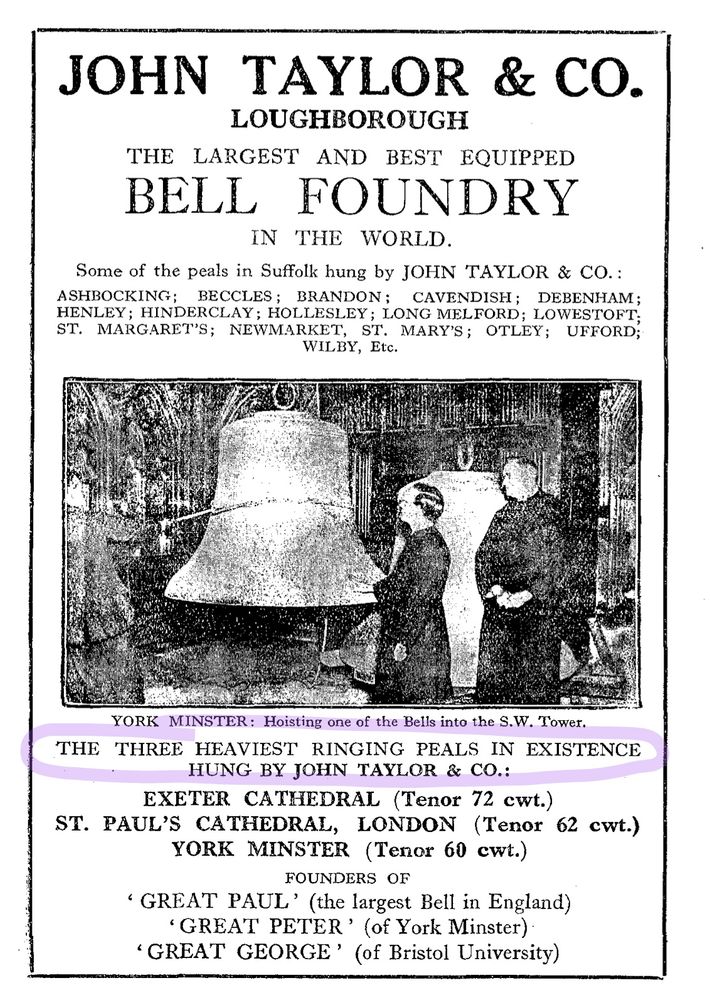 An old advertisement for John Taylor, claiming to have hung the "Three Heaviest Ringing Peals in Existence"