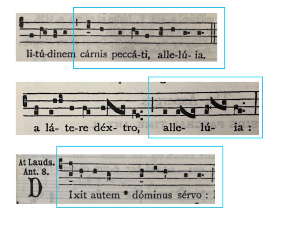 3 phrases from the Liber Usualis that have the same pitch content.