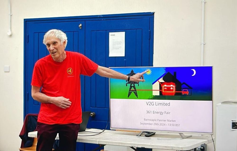 V2G Limited's managing director Jim Hunt talking about vehicle-to-home technology at the 361 Energy Fair in Barnstaple on September 29th 2024.

Image: Olga Vynnyk - https://www.instagram.com/vynnyk_olga_ov