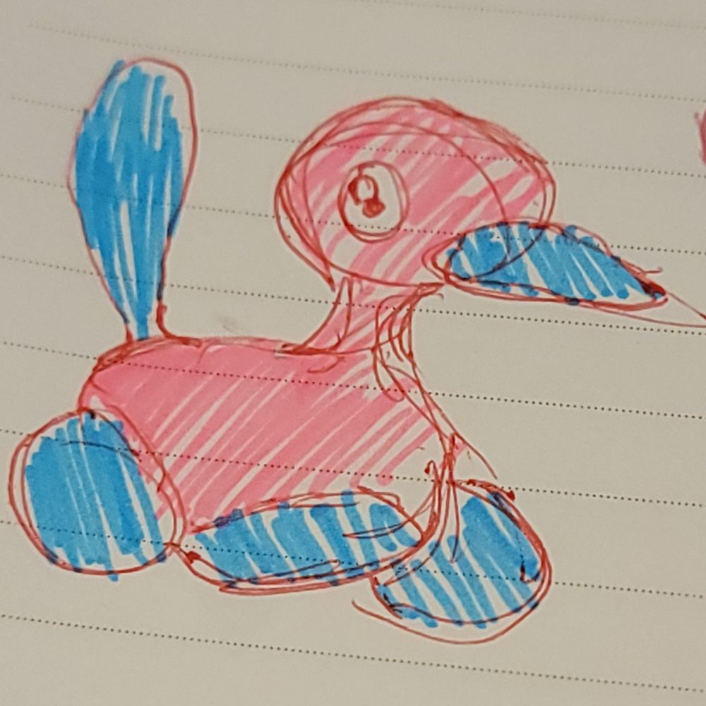 Pen and marker doodle of Porygon2 on lined paper 