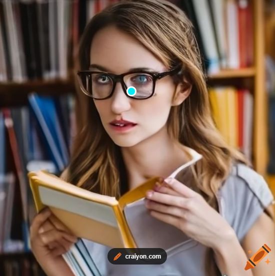 An AI-generated picture of a woman reading a book in a library. She has mangled hands and eyes that appear to be melting/made of glass.