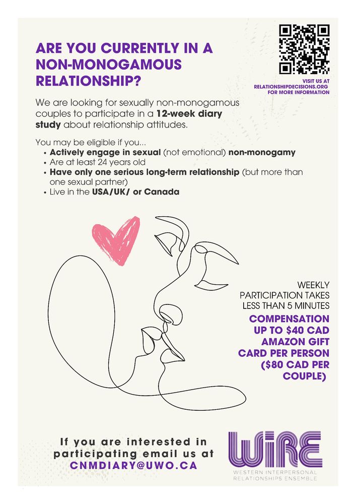 Hello, @datingdecisions.bsky.social and I are recruiting couples in non monogamous relationships for a 12 week diary study on relationship attitudes. The study is entirely online and consists of a zoom screening, an intake survey, and 12 weekly surveys. Couples can earn up to a total of $80 CAD for participating. You can visit our website for more details at www.relationshipdecisions.org. The QR code in the top right of the poster will take you to the website. 