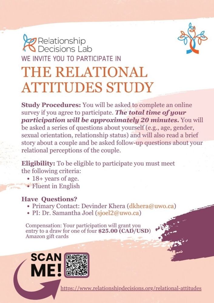 Poster of the relational attitudes study by the Relationship Decisions Lab at Western University in London, Ontario, Canada. Follow the QR code in the bottom left corner for more information.