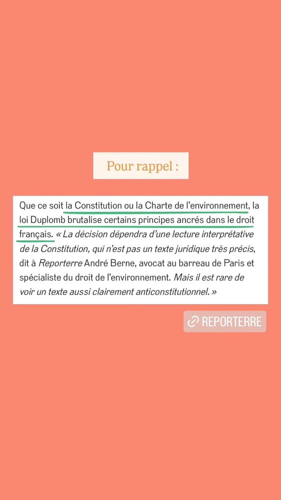 Article Reporterre : Que ce soit la Constitution ou la Charte de l'environnement, la loi Duplomb brutalise certains principes ancrés dans le droit français. " La décision dépendra d'une lecture interprétative de la Constitution, qui n'est pas un texte juridique très précis, dit André Berne, avocat au barreau de Paris et spécialiste du droit de l'environnement. Mais il est rare de voir un texte aussi clairement anticonstitutionnel."