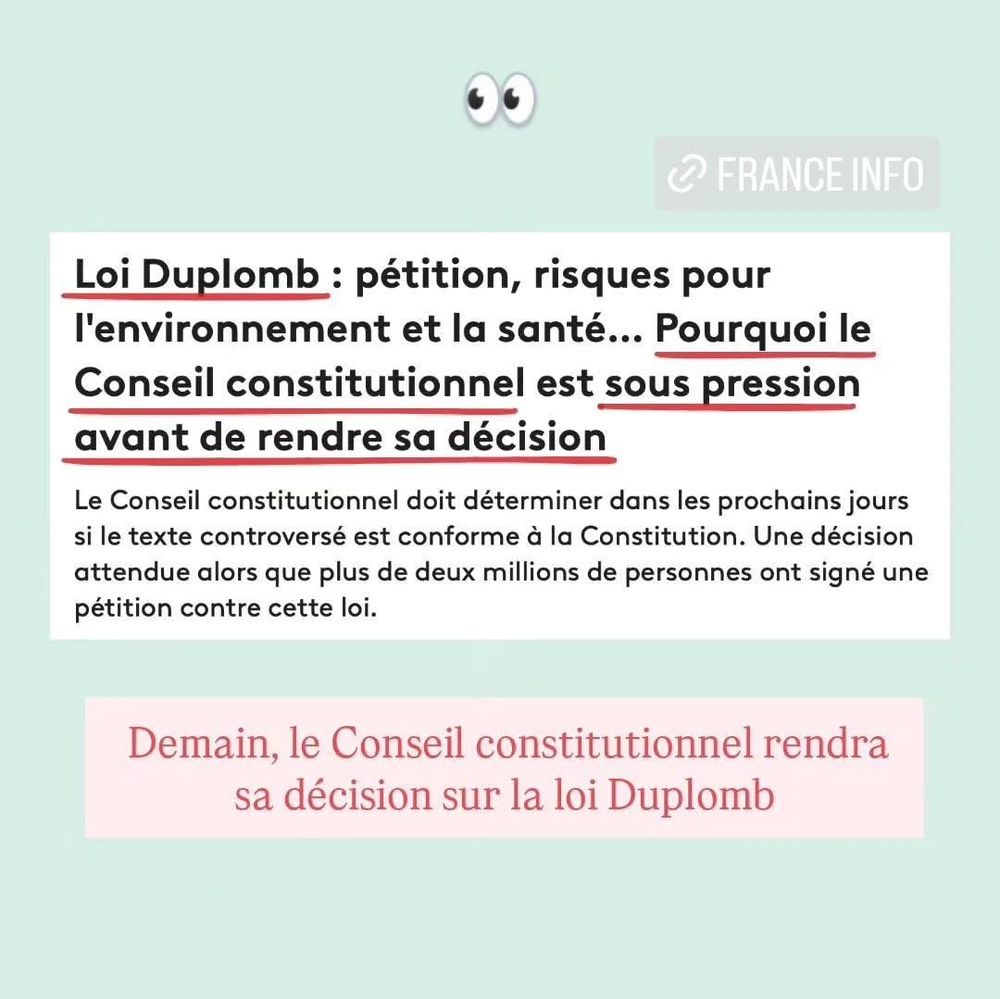 Article France Info : Loi Duplomb : pétition, risques pour l'environnement et la santé... Pourquoi le Conseil constitutionnel est sous pression avant de rendre sa décision. 