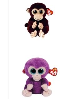 Mono beige con pelo marrón de 15cm, tiene ojos saltones también en marrón. Quería unos que vendían hace tiempo con ojos morados.

Mono beige clarito con pelo morado, lo malo de este es que mide 23cm y yo quería ambos iguales. También tiene ojos saltones pero en azulito.