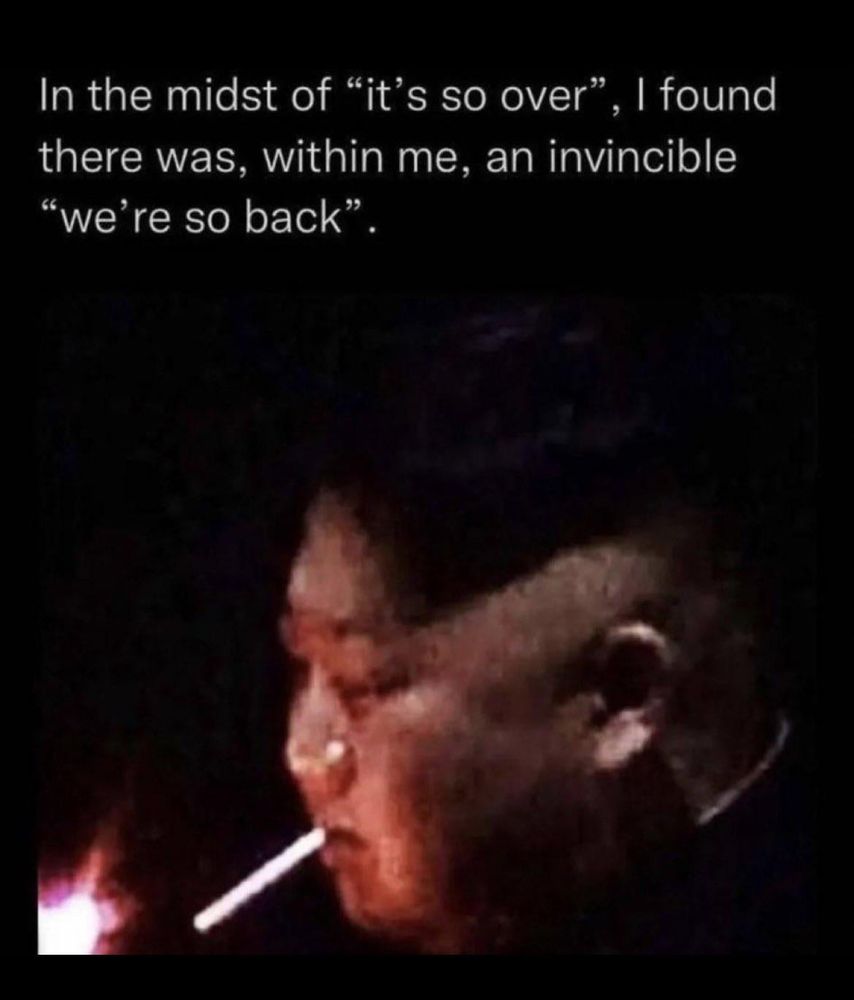 «In the midst of "it's so over", I found there was, within me, an invincible "we're so back".»

kim jong un qui grille une clope