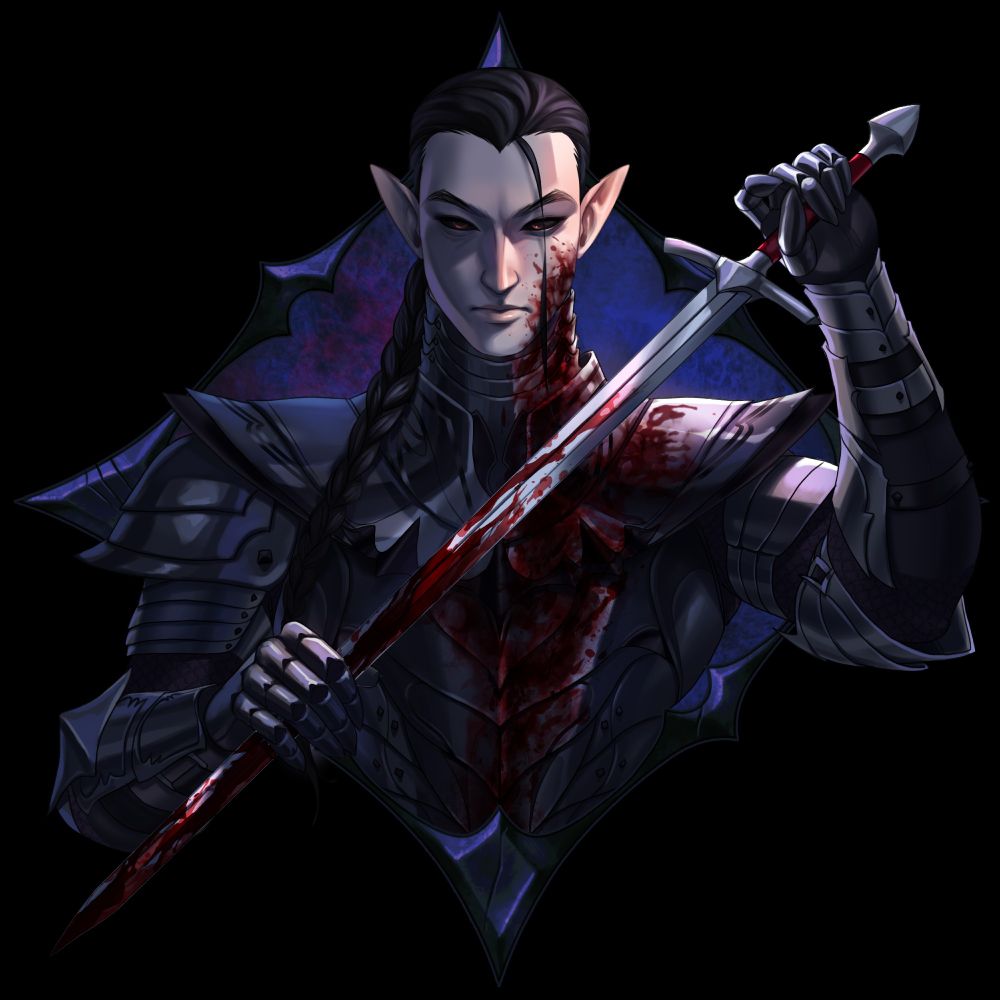 Strahd von Zarovich in his warrior form. He is a cold lighting, wielding a bloody sword, wearing a dark armor, with splashes of blood on his chestplate and face. Art from June 2024, with help from BarryHoshino