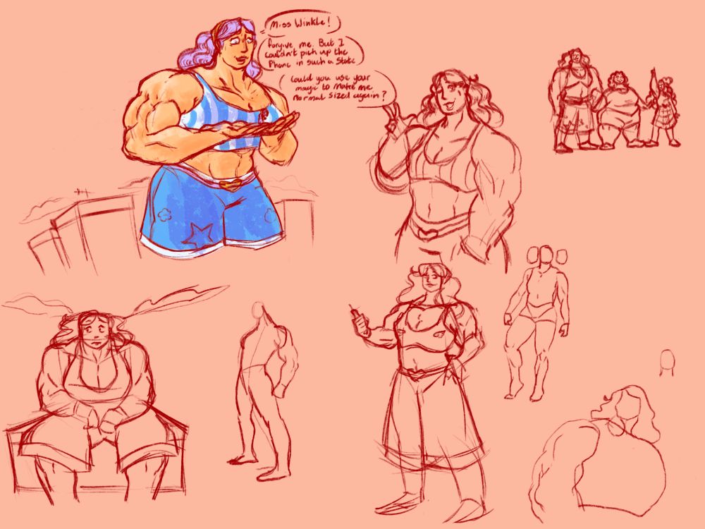Various doodles of a muscular woman along with a few loose traces of stuff for study reasons 
