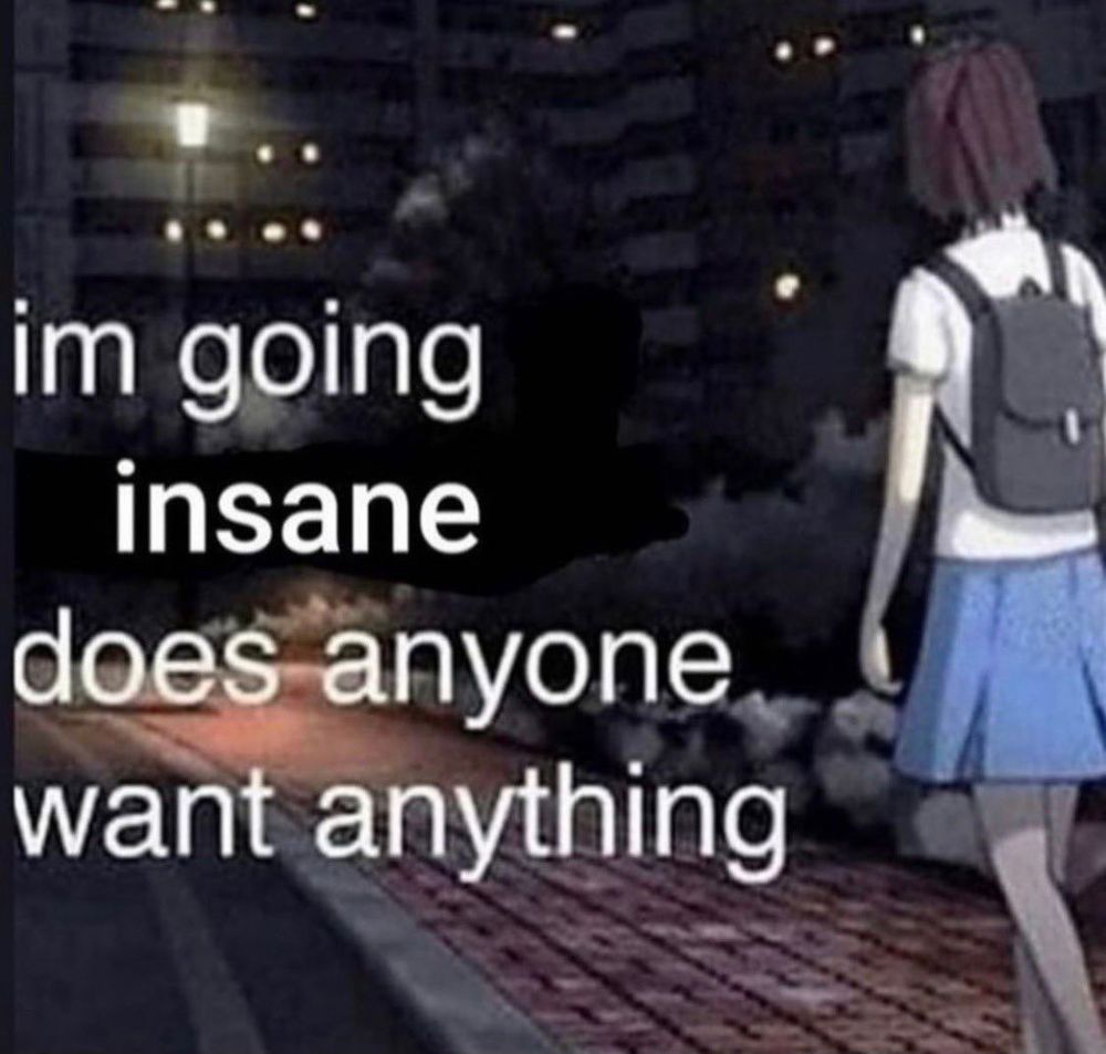 “I’m going insane does anyone want anything” meme