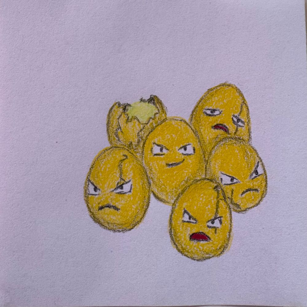 A sketch of a group of yellow eggs with different facial expressions. The one on the far left is cracked open.