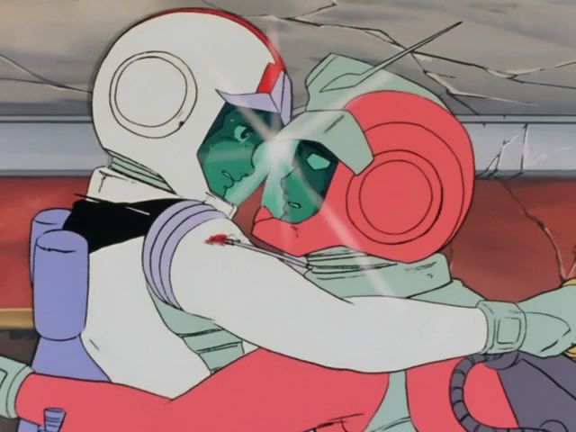 Char Aznable and Amuro Ray locked in a passionate embrace after stabbing each other with swords.