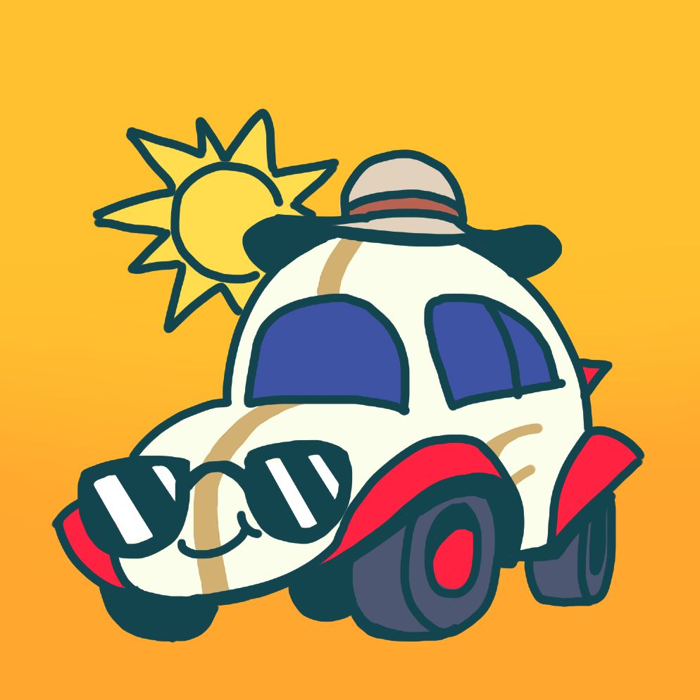 A white VW-Bug style car with a gold stripe, red fenders and wing, a sunhat, and sungalsses. 