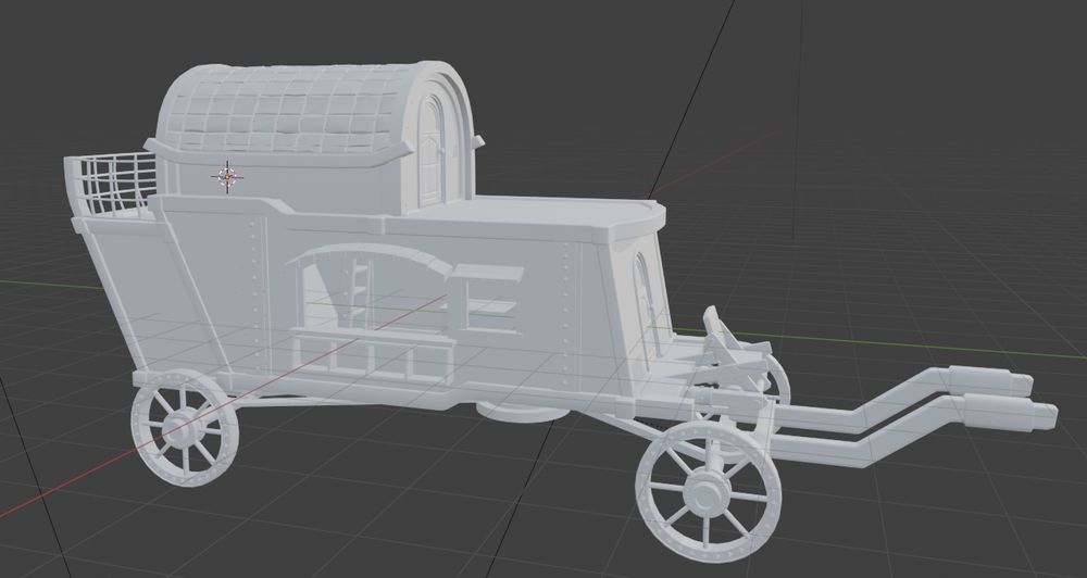 A 3D model of a traveling cart fitted with a second story, a shop window, and several charming features. Behold its lovely spokes, the powerful front chair, and the rounded upper bedroom. Soon to be added, second-story furniture!