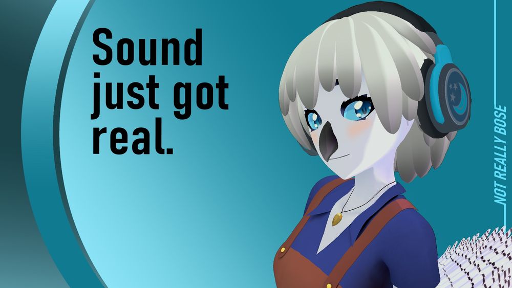 A snowy owl woman wearing some nice blue headphones stands in front of a fake BOSE ad. Sound just got real.