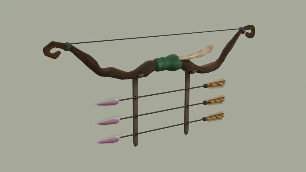 A carved wooden bow with a green strapped handle rests atop a wooden rack that also holds three arrows with glass arrow heads. A pink substance fills their insides.
