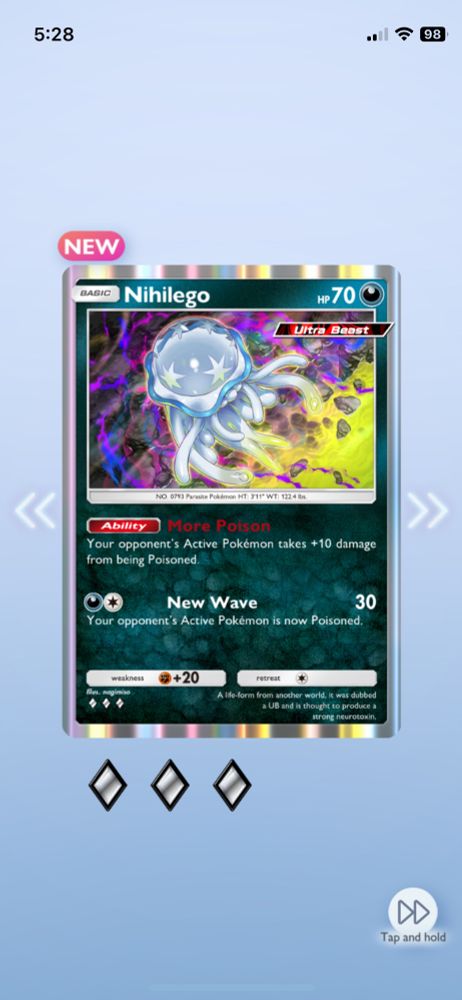 A Pokémon card depicting Ultra Beast Nihilego. A starred jellyfish that Lusamine (the evil mother from Pokemon Sun and Moon) once wore as a hat. It has an ability called More Poison (which causes opponents to take ten more damage from poison) and an attack in New Wave (which poisons and deals 30 damage)