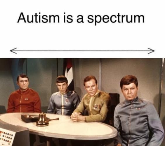 Autism is a spectrum, underscored with a line arrowed at both ends representing both ends.

Below, a photo of Scotty, Spock, Kirk and McCoy sitting at a table in their dress uniforms.