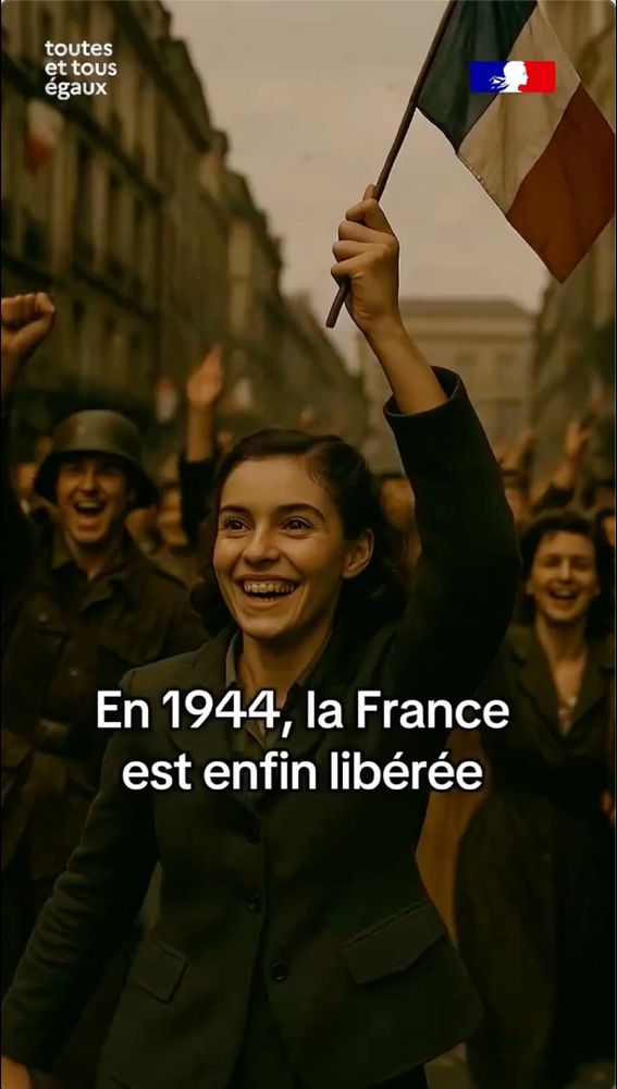 Stil from the infamous AI video released on National Resistance Day by the French government. It shows a German soldier in a scene supposedly representing Parisians celebrating the end of Nazi occupation. 
