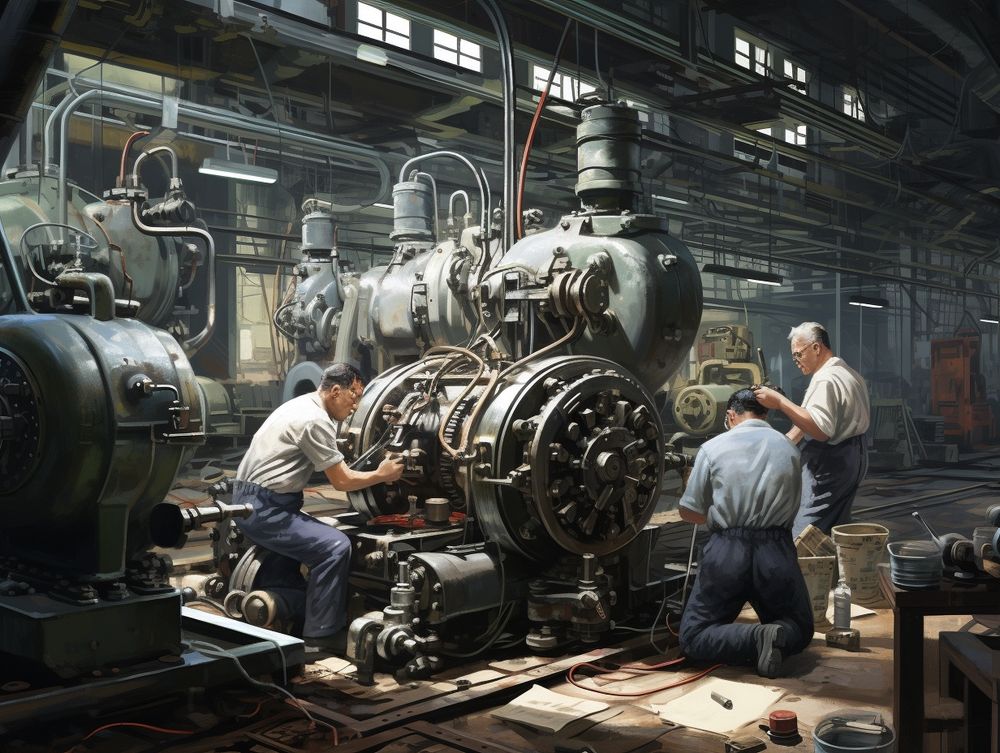 Midjourney-generated images, prompt was: workers in a factory, highly realistic --ar 4:3