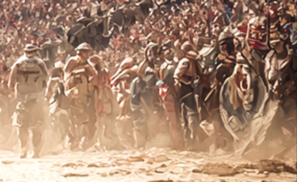 Detail of an AI generated image, showing what looks like US soldiers in desert camouflage alongside with an antique Roman mob and maybe some gladiators? It's a mess …