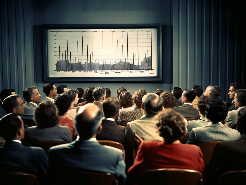 Midjourney-generated image, prompt was: a cinema audience in front of a statistical graph, cheering at the screen, 1950s magazine photography --ar 4:3