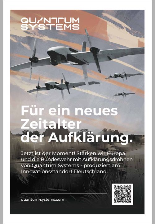 Anzeige von «Quantum Systems»: «Für ein neues Zeitalter der Aufklärung», dahinter ein (scheinbar) gemaltes Bild von Drohnen vor einer abstrahierten Heidelandschaft