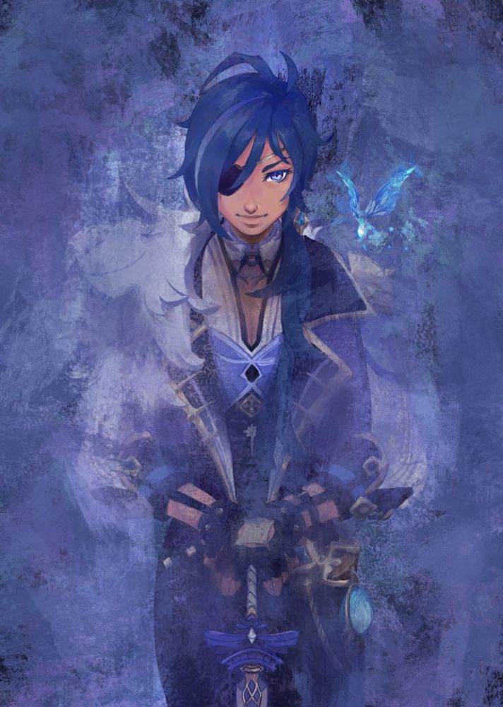 portrait of Kaeya Alberich from the game Genshin Impact based on the King Charles coronation portrait by Johnathan Yeo (2024).