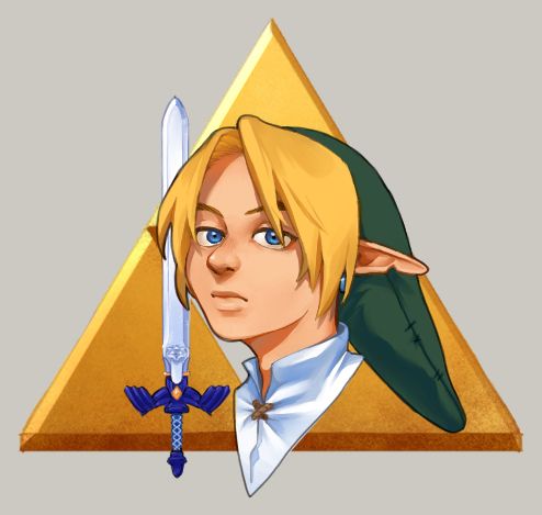 Headshot portrait of adult Link from Ocarina of Time. Behind the character is the Master Sword pointed up, and behind that is the Triforce.