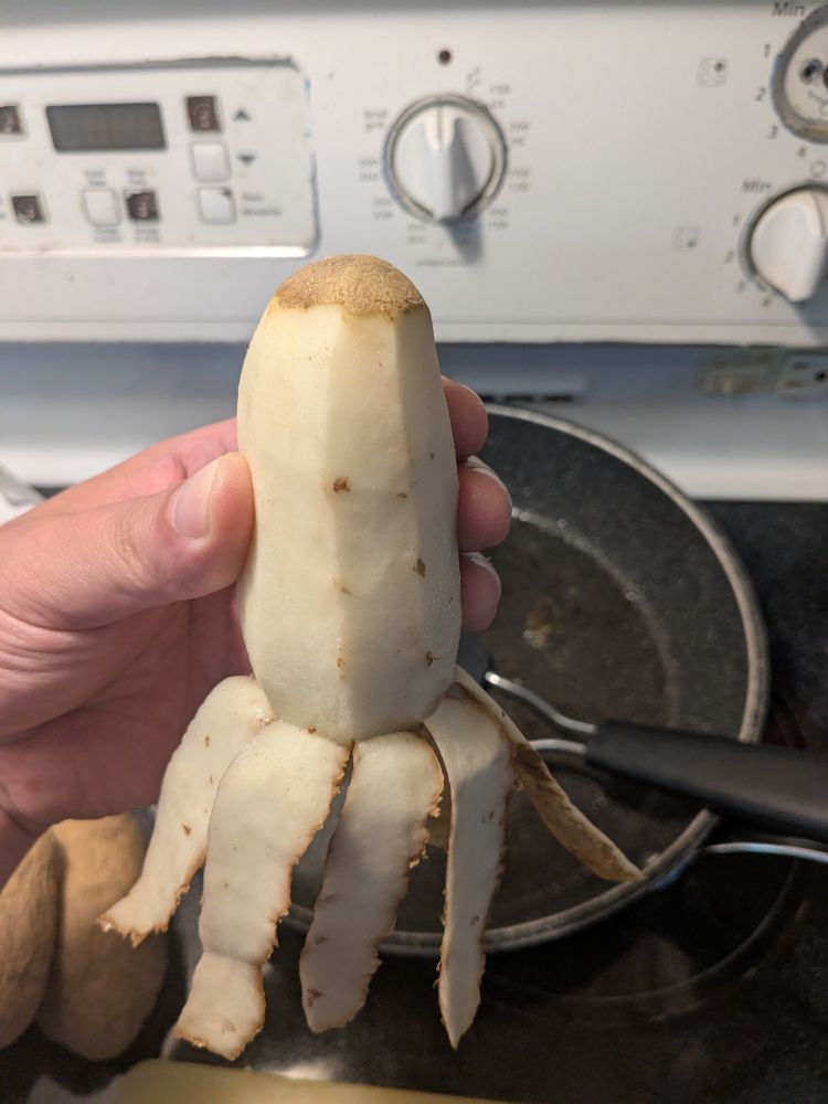 A mostly peeled potato with the peeled parts dangling below it kind of squidishly
