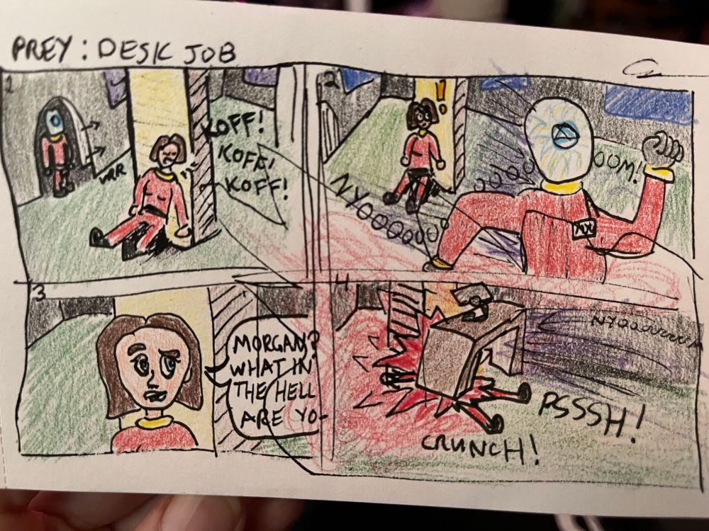 an npc is immobilized, hardly having time to react to the MC zipping into the room, and then being crushed by a high-speed desk flung from off-screen