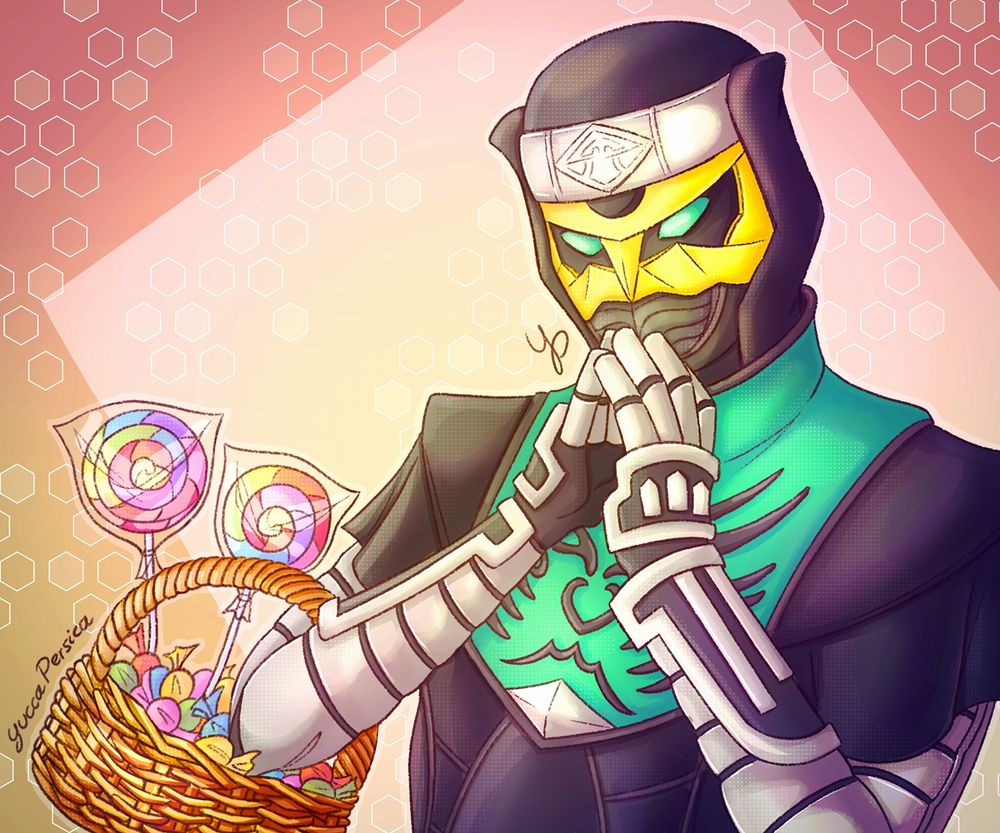 Colored digital bust illustration of Deneb from Kamen Rider Den-O cutely holding his hands in front of his face, with a wicker basket full of candies and lollipops around one arm.