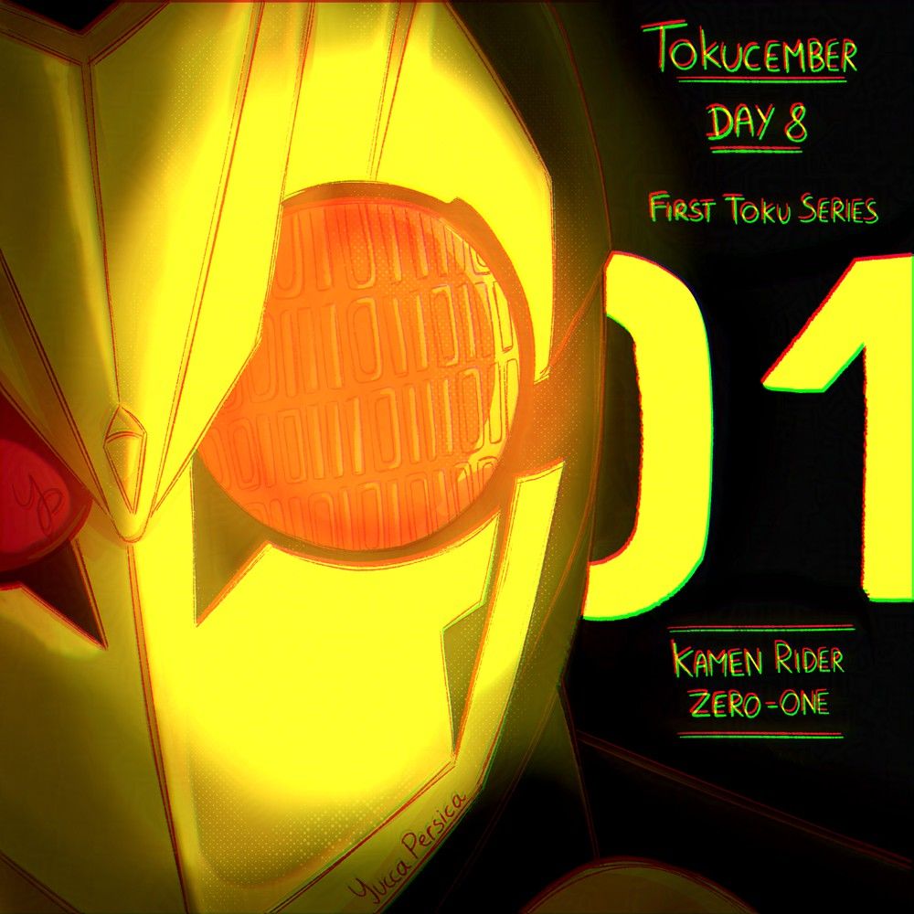 Fan art of a close-up of Kamen Rider Zero-One's mask, with binary code written in one of its eyes