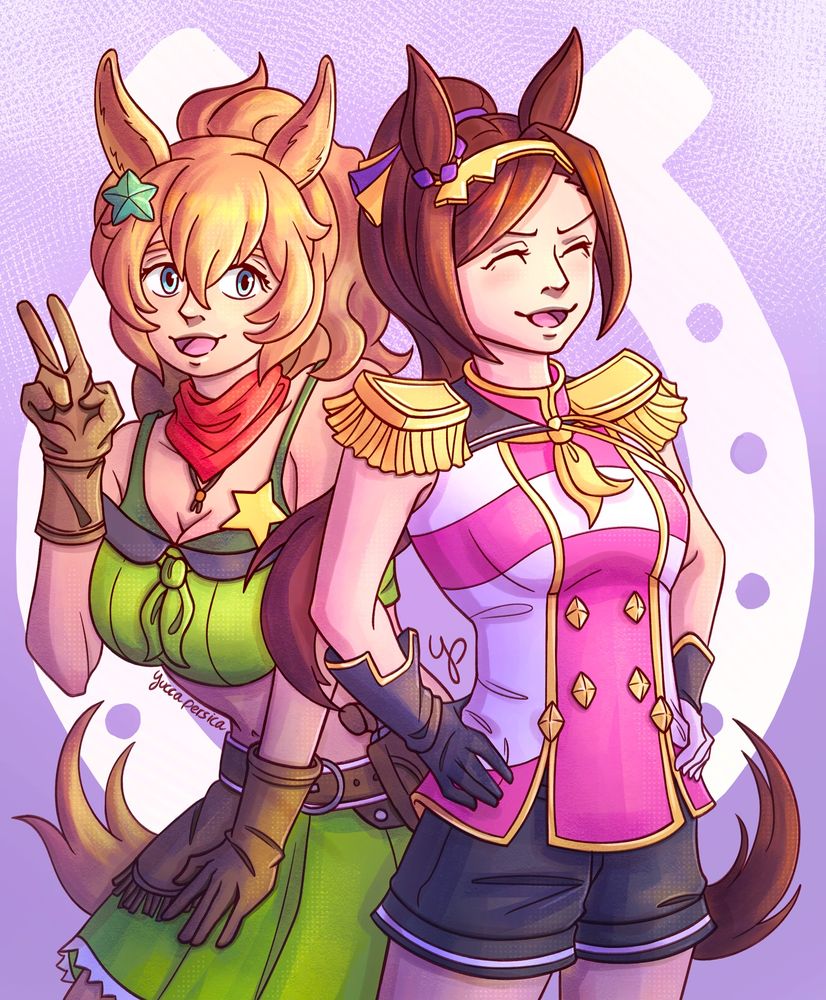 Digital half-body illustration of Taiki Shuttle and Sakura Bakushin O. Taiki Shuttle is leaning forward while making a peace sign, and Sakura Bakushin O is laughing with her hands on her hips.