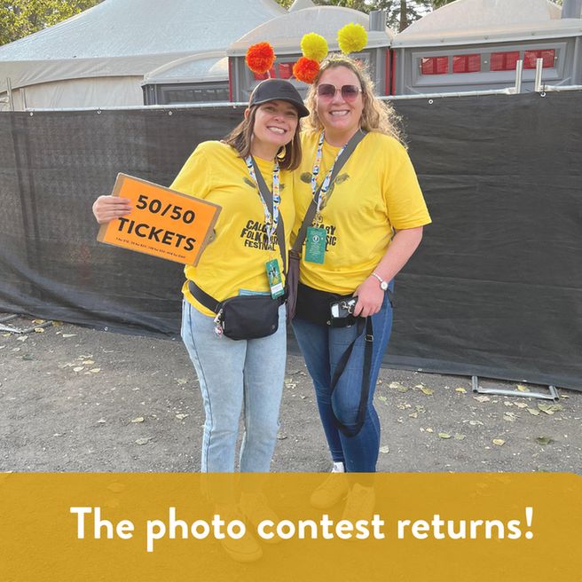 [Image description: two 50/50 volunteers smiling with a caption that reads the photo contest returns]