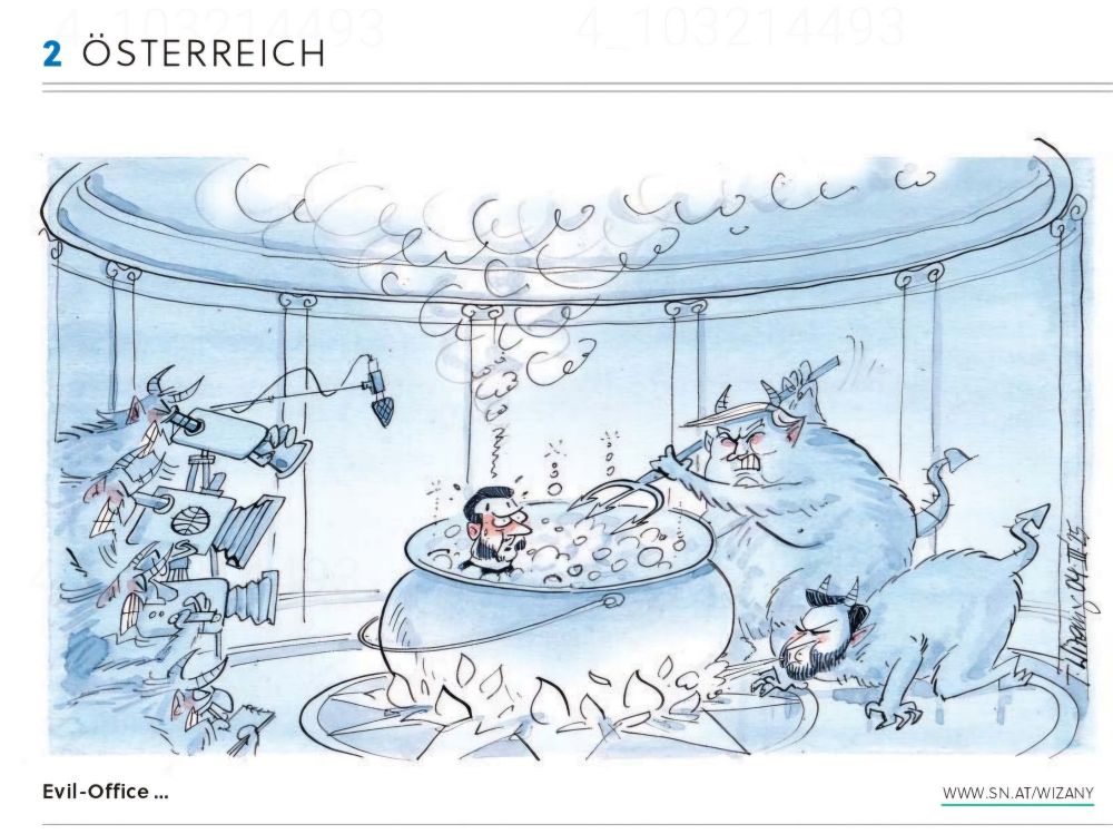 Cartoon of President Selensky sitting in a boiling cauldron while President Trump and Vive President Vance as devils stoke the fire.  Assorted journalist-devils film the scene.