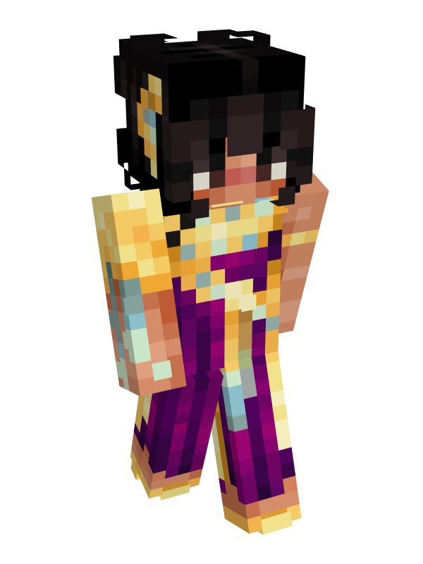 Phea’s Main Minecraft skin, depicts a pixelated character with tanned skin, black long hair and brown eyes. 
she wears a royal purple dress with gold accessories and aquamarine accessories, as well as as golden shoes 
