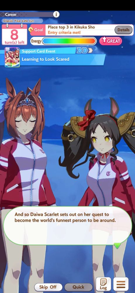 An Umamusume: Pretty Derby screenshot of a scene from "Learning to Look Scared", the second node in a Daiwa Scarlet SSR story card, showing a smiling Daiwa Scarlet and a smiling Marvelous Sunday standing on a beach in track suits. The dialogue box, with no name or speech bubble arrow to indicate anyone is speaking, says "And so Daiwa Scarlet sets out on her quest to become the world's funnest person to be around."