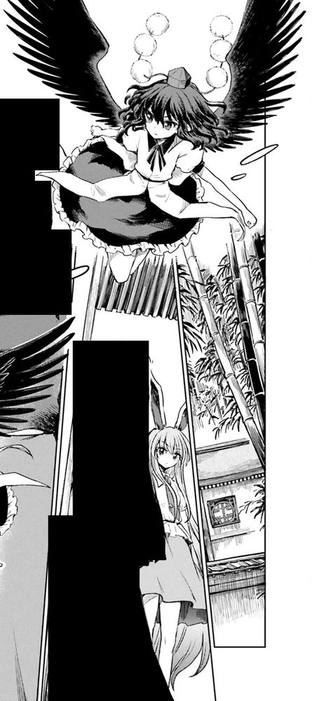 An edited page from the Touhou Project manga Lotus Eaters showing Aya Shameimaru and Reisen Udongein Inaba. The layout of the page shows Aya flying at the top with a few related-but-different settings at the bottom, suggesting Aya is traveling through them. Reisen is present in the middle scene. A number of black rectangles and triangles are arranged in shapes suggesting that other characters were present on this page but have been blocked out.