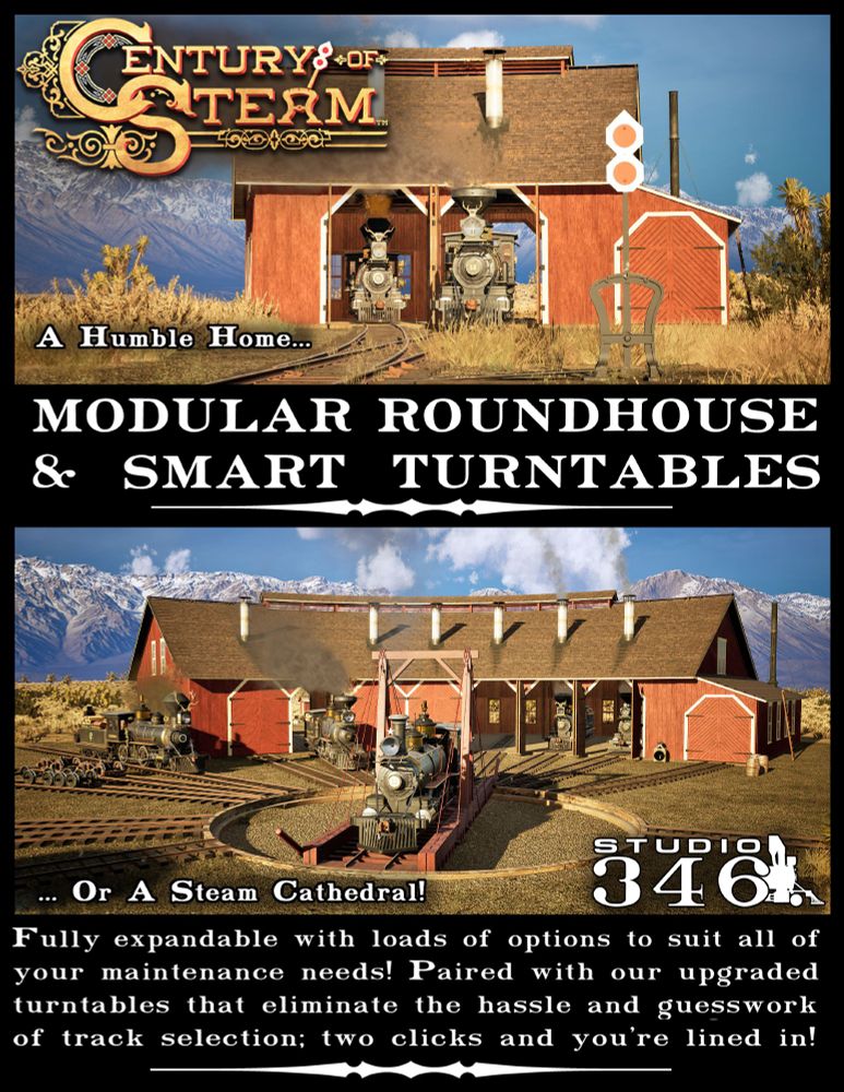 A picture of two railroad roundhouses from the upcoming videogame Century of Steam, one with only two stalls and the other with seven, demonstrating the game's dynamic engine facilities. Below them is the written description: "A humble home or a steam cathedral! Modular roundhouses made fully expandable with loads of options to suit all of your maintenance needs! Paired with our upgraded turntables that eliminate the hassle and guesswork of track selection: two clicks and you're lined in!"