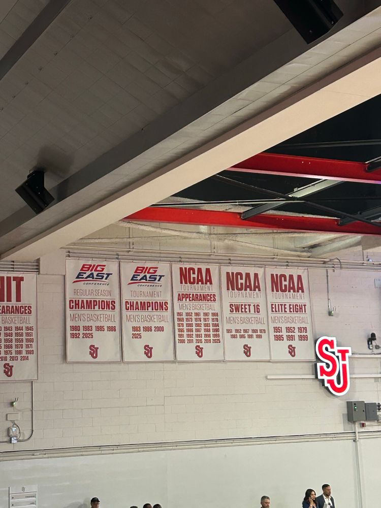 Updated banners inside Carnesecca Arena recognizing the St. John’s men’s basketball team winning the Big East regular season and tournament titles in 2025