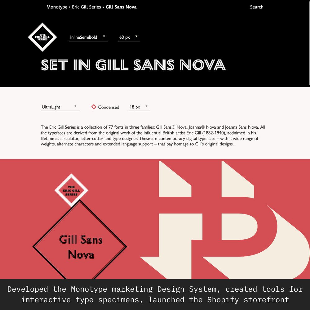 A composition of elements from the Monotype Marketing Design System, featuring interactive type specimens, bold typography, and a user-friendly interface. The design adopts a minimalist aesthetic with black and red accents. The caption reads, 'Created the Monotype marketing Design System, developed tools for interactive type specimens, launched the Shopify storefront.'