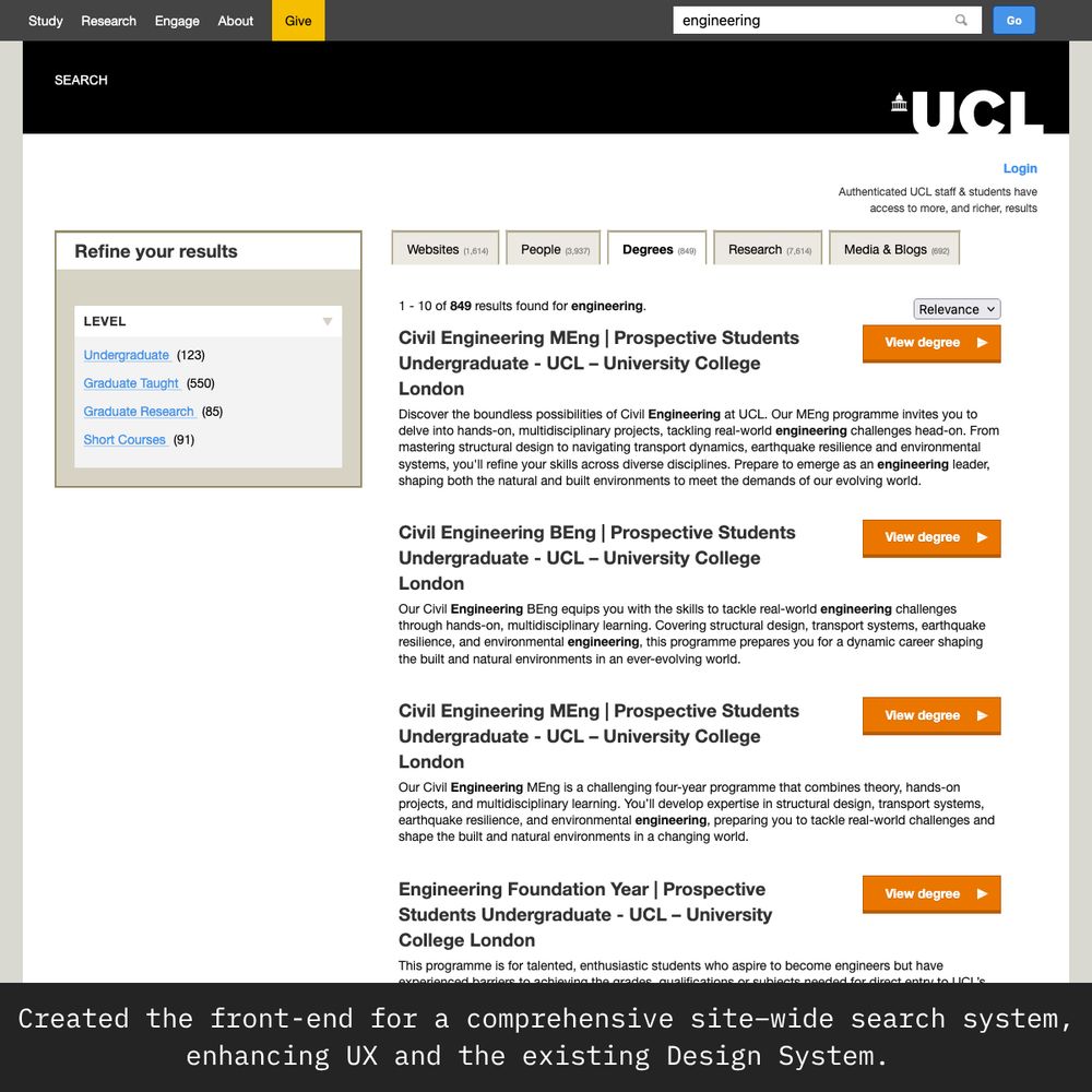 A composition of elements from the UCL site-wide search system, highlighting search functionality, filters, and a clean user interface. The design features a modern layout with blue and white tones. The caption reads, 'Created the front-end for a comprehensive site-wide search system, enhancing UX and the existing Design System.'