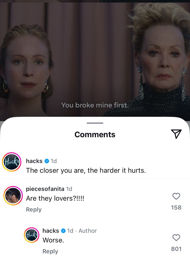 A screenshot of Hacks official Instagram replying to a comment asking if Deborah and Ava are lovers with “worse.”
