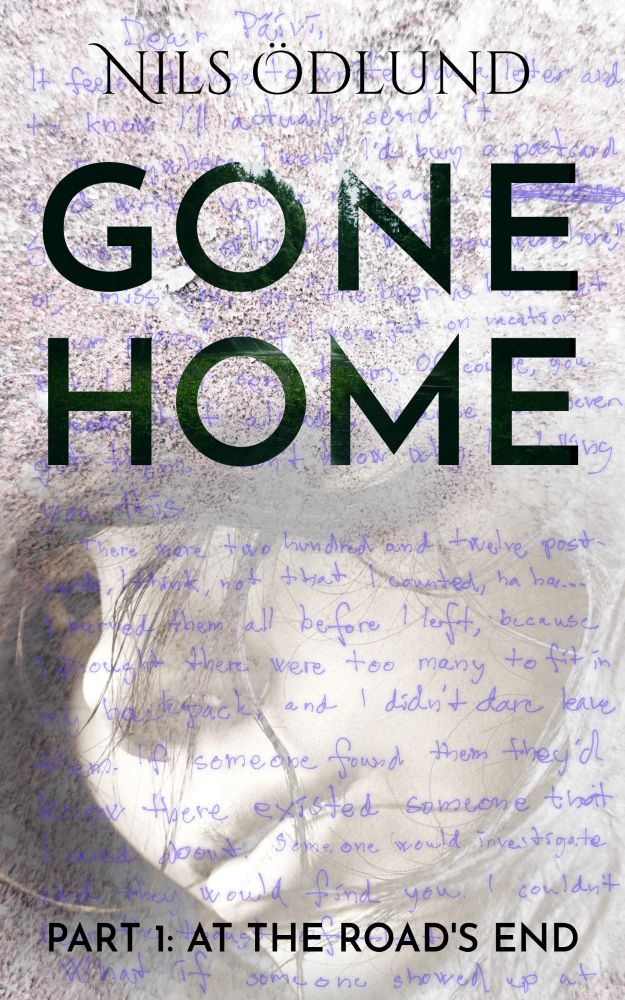 Temporary cover for At The Road's End. Shows a washed out image of a woman with handwritten words scrabbled over it. The words are from the book, but they're mostly not legible.