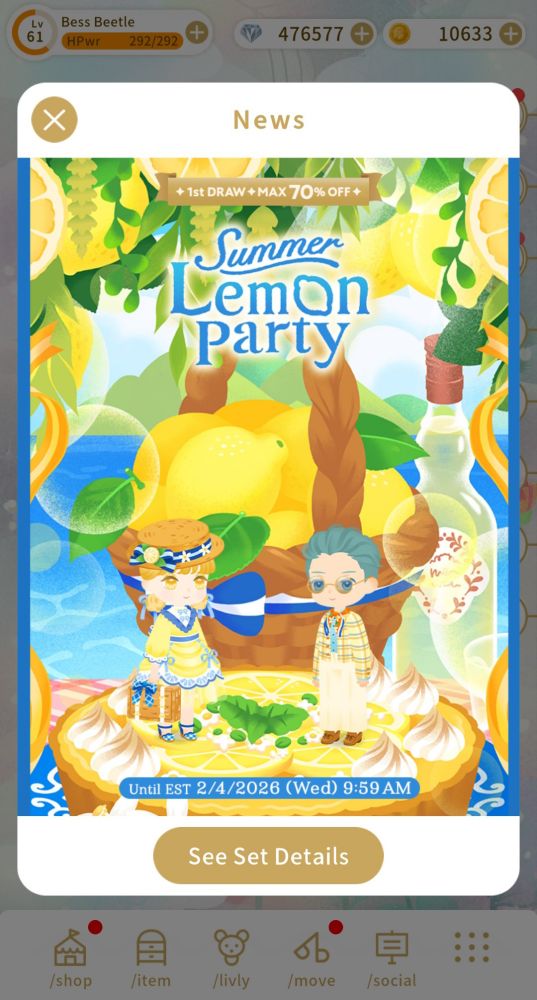 Livly Island (app) screenshot showing their new gacha set entitled Summer Lemon Party