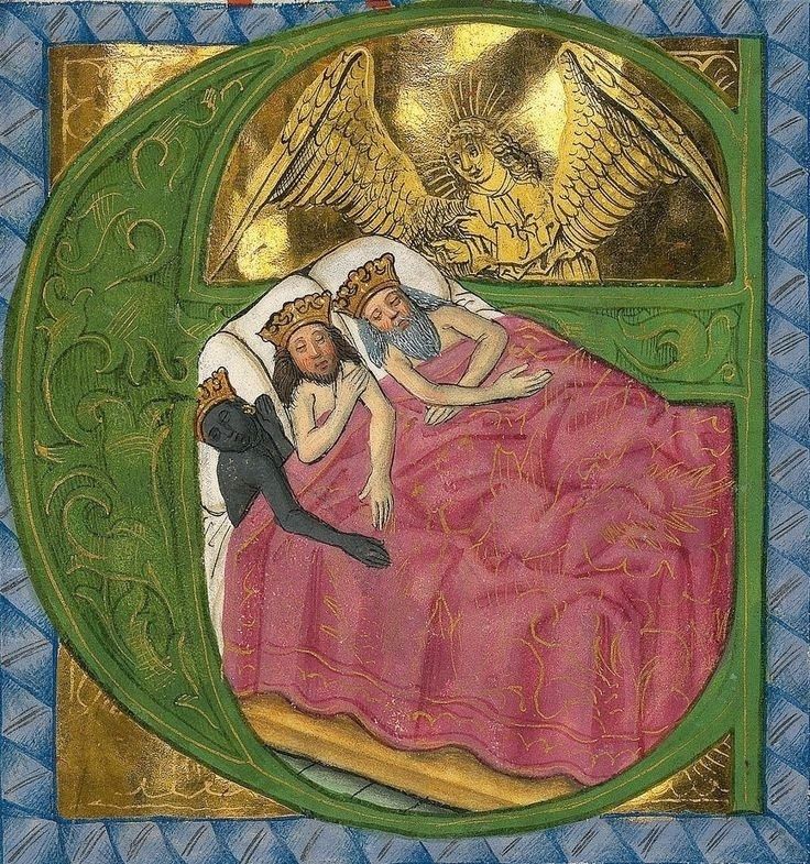 A medieval drawing that actually depicts a golden, floating angel gesturing at the Three Wise Men, who eventually brought gifts to baby Jesus but who are currently all sleeping together in a single bed.